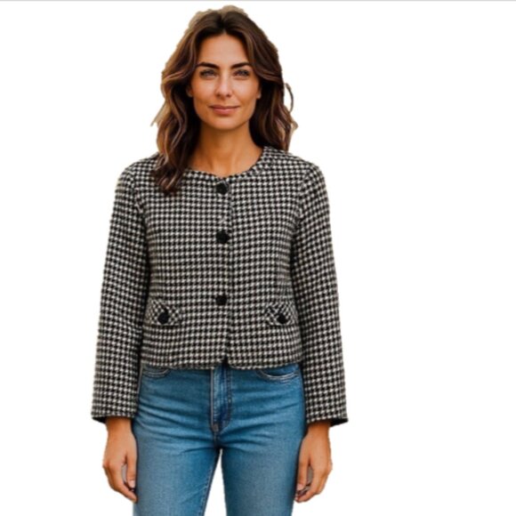 Ann Taylor LOFT Women’s Blazer Petite XXS Black White Check Cropped NWOT Career - Picture 1 of 11